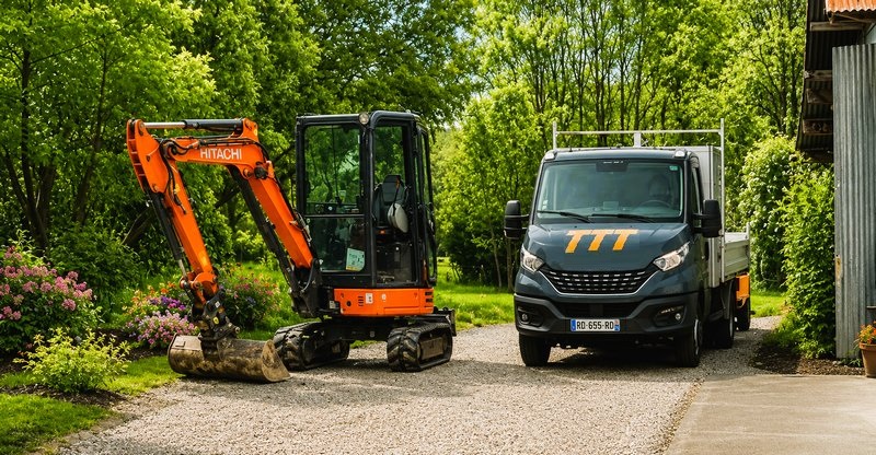 Camion benne et mini-pelle de l'entreprise TTT en action sur un chantier de terrassement